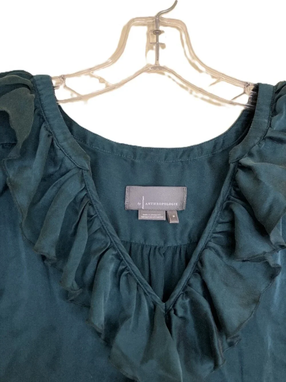 Anthropologie Silk Sleeve Blouse Ruffle Neckline Teal Green Women's Medium - Picture 6 of 9